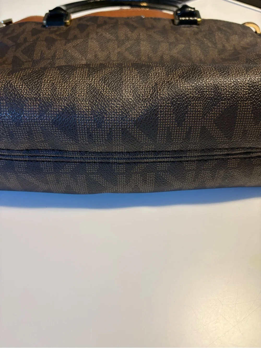 Michael Kors Brown MK Logo Satchel with Tan Accent and Black Handles